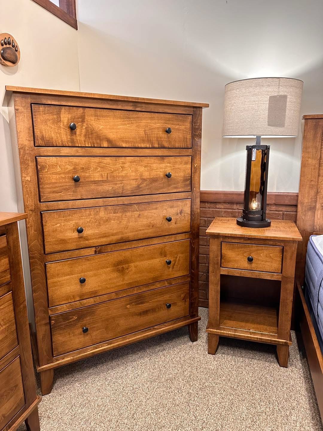 Handcrafted bedroom chest of drawers and nightstand in warm maple finish