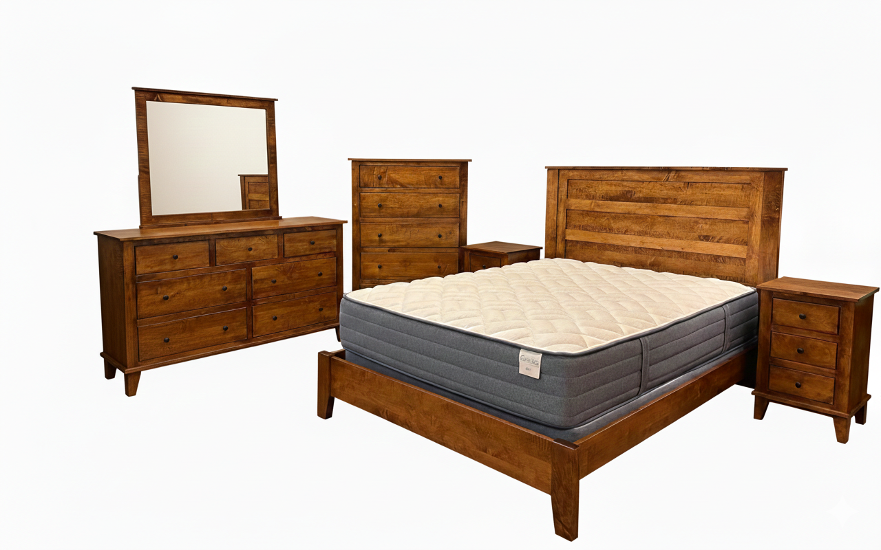 Complete bedroom furniture set  - bed, dresser with mirror, tall chest, and two nightstands
