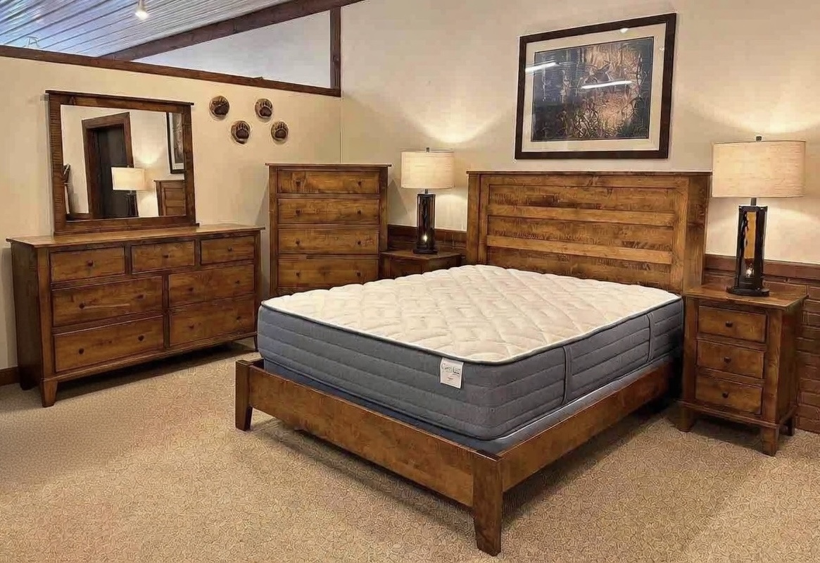 Northstar Woodworks bedroom showroom  - complete handcrafted bedroom suite with bed, dresser, chest, and nightstands